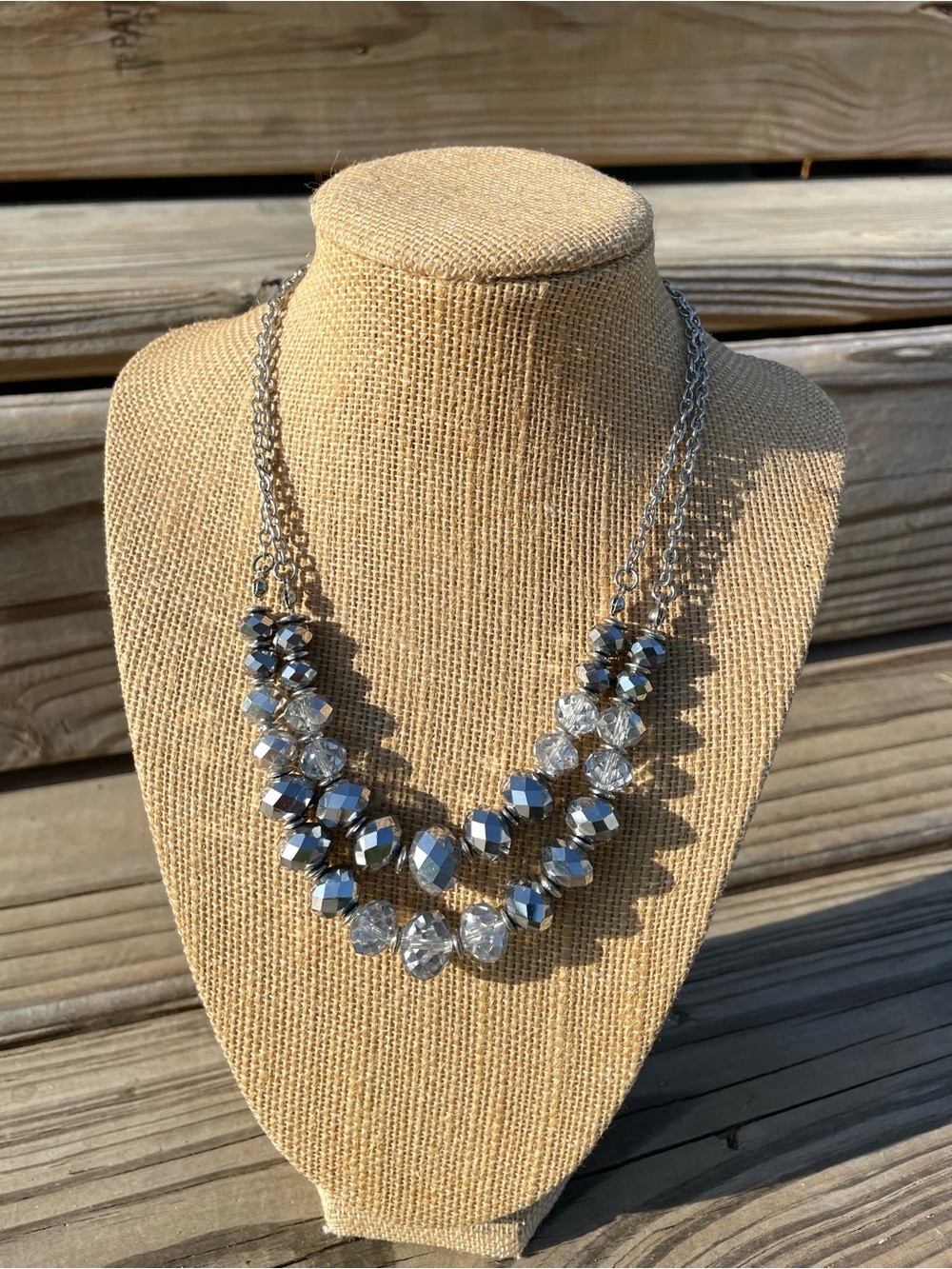 Layered Silver Beaded Statement Necklace - Clear and Silver